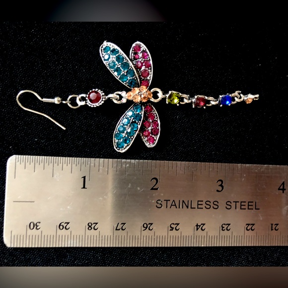 Dragonfly earrings large dangle hook silver rhinestones whimsical vintage - Picture 3 of 9